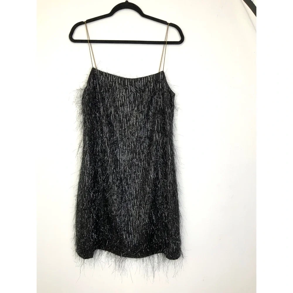 Kate Spade Collection Sz 12 Black Silk Metallic Tinsel Fringe Mini Dress Party